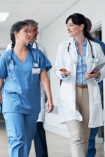 healthcare workers walking in a hospital